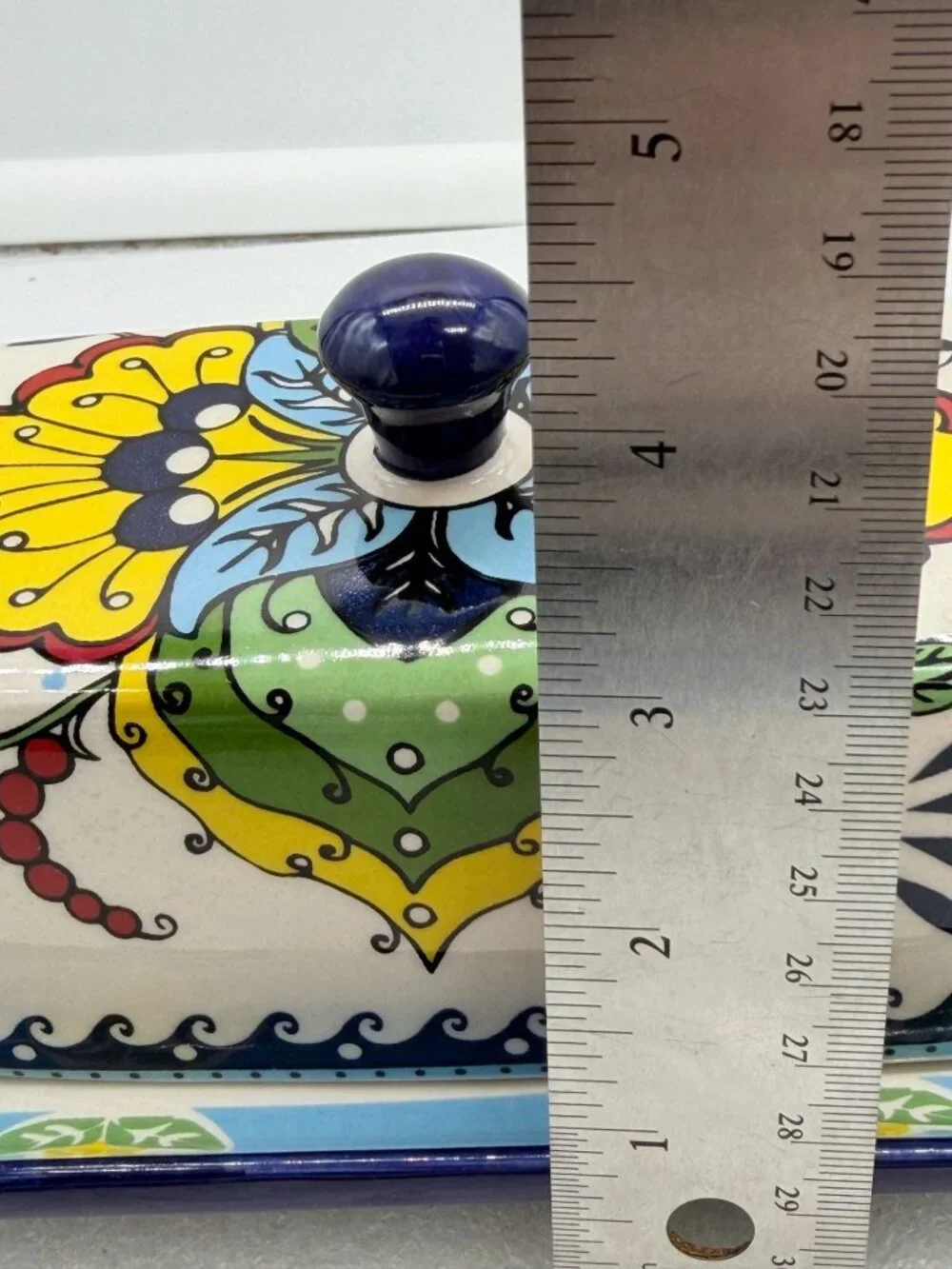 Colorful Ceramic Lidded Butter Cheese Dish with Floral Design